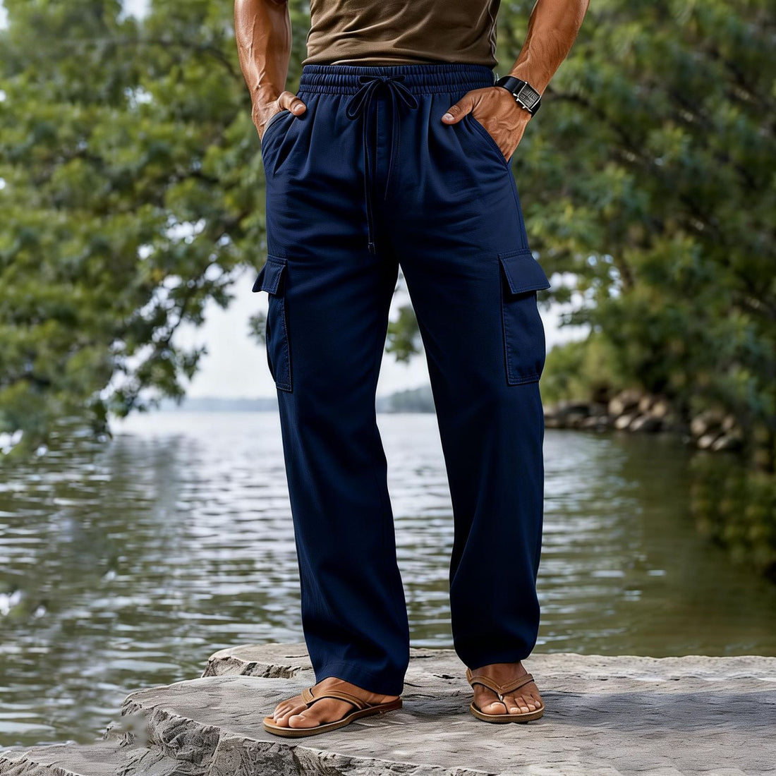 Herren leichte Cargo-Freizeithose mit elastischem Tunnelzugbund und geradem Bein – Bravaro