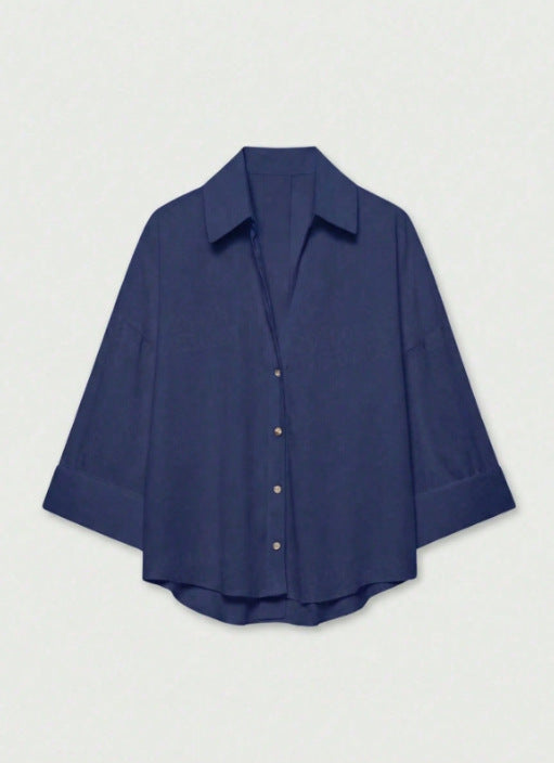 Damen Leichte Oversize Leinenoptik Bluse mit Dreiviertelärmeln und durchgehender Knopfleiste Echoarchiv