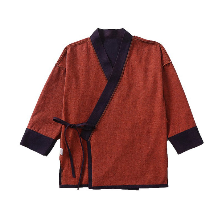 Unisex Leichte Wickel-Kimono-Jacke aus Leinen-Baumwollmix mit Kontrastbesatz und Bindegürtel Echoarchiv