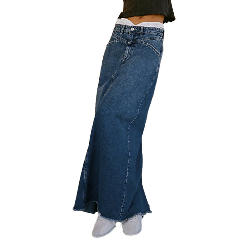 Damen Langer Denim-Rock mit hohem Bund und praktischen Taschen Echoarchiv