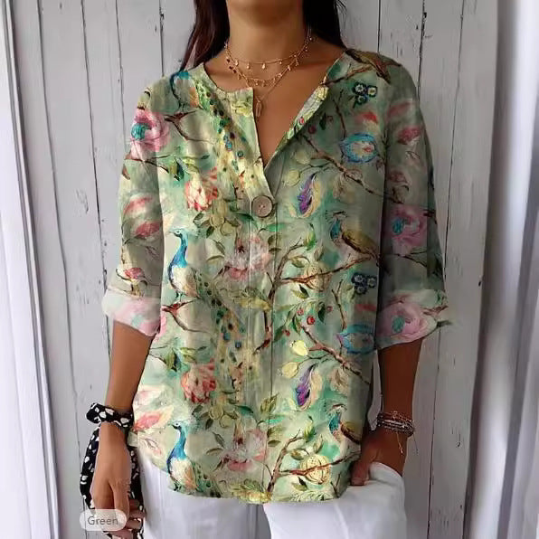 Damen Lose Blumenmuster Leinenlook Bluse Tunika mit V-Ausschnitt und Dreiviertelärmeln – Élovi