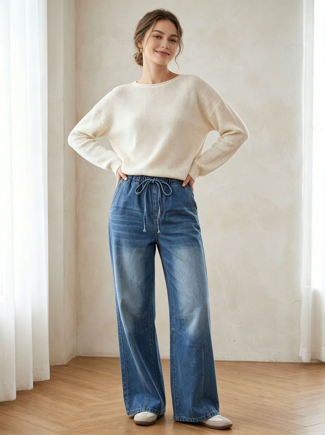 Damen nan Relaxed-Fit Denim-Hose mit elastischem Tunnelzugbund, dezentem Used-Effekt und weitem Bein Echo Archiv