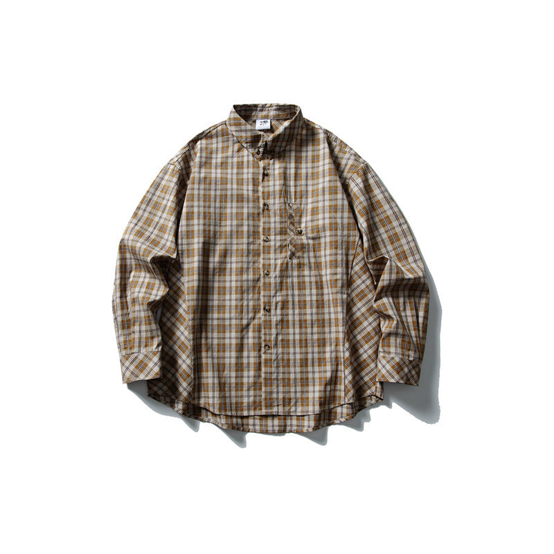 Unisex Oversize Kariertes Hemd mit Stehkragen, Brusttasche und gerundetem Saum Echoarchiv
