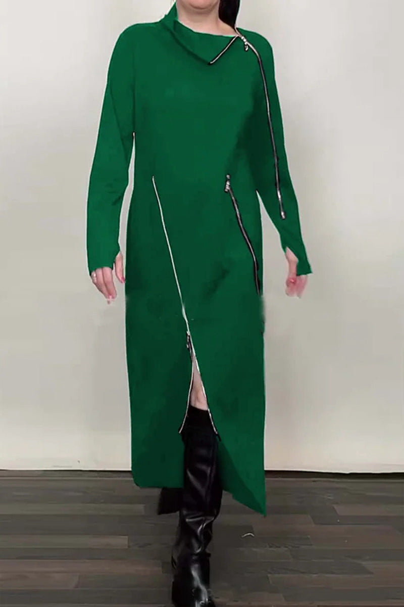 Damen nan langes Strickkleid mit asymmetrischen Metallreißverschlüssen und Frontschlitz Echo Archiv