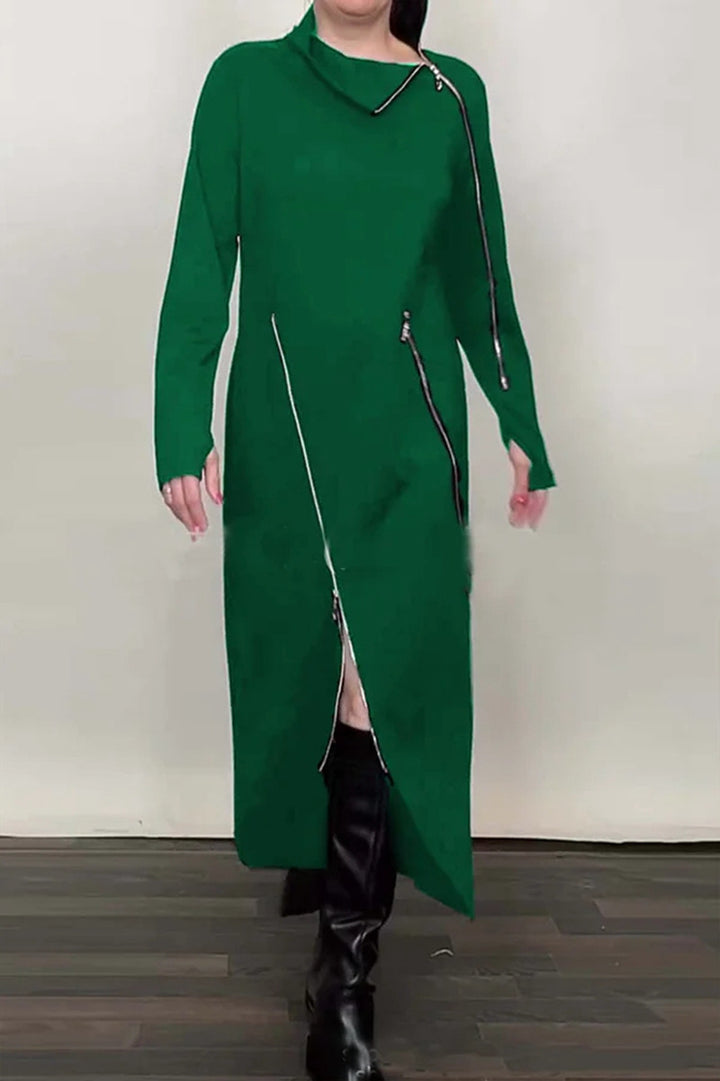 Damen nan langes Strickkleid mit asymmetrischen Metallreißverschlüssen und Frontschlitz Echo Archiv