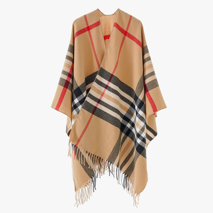 Damen Karierter Wollmix-Poncho mit Fransen und offenem Kimono-Schnitt – Montévia