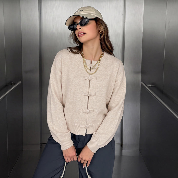 Damen Feinstrick-Cardigan mit dekorativem Knotenverschluss und legerer Raglan-Silhouette – Veloura