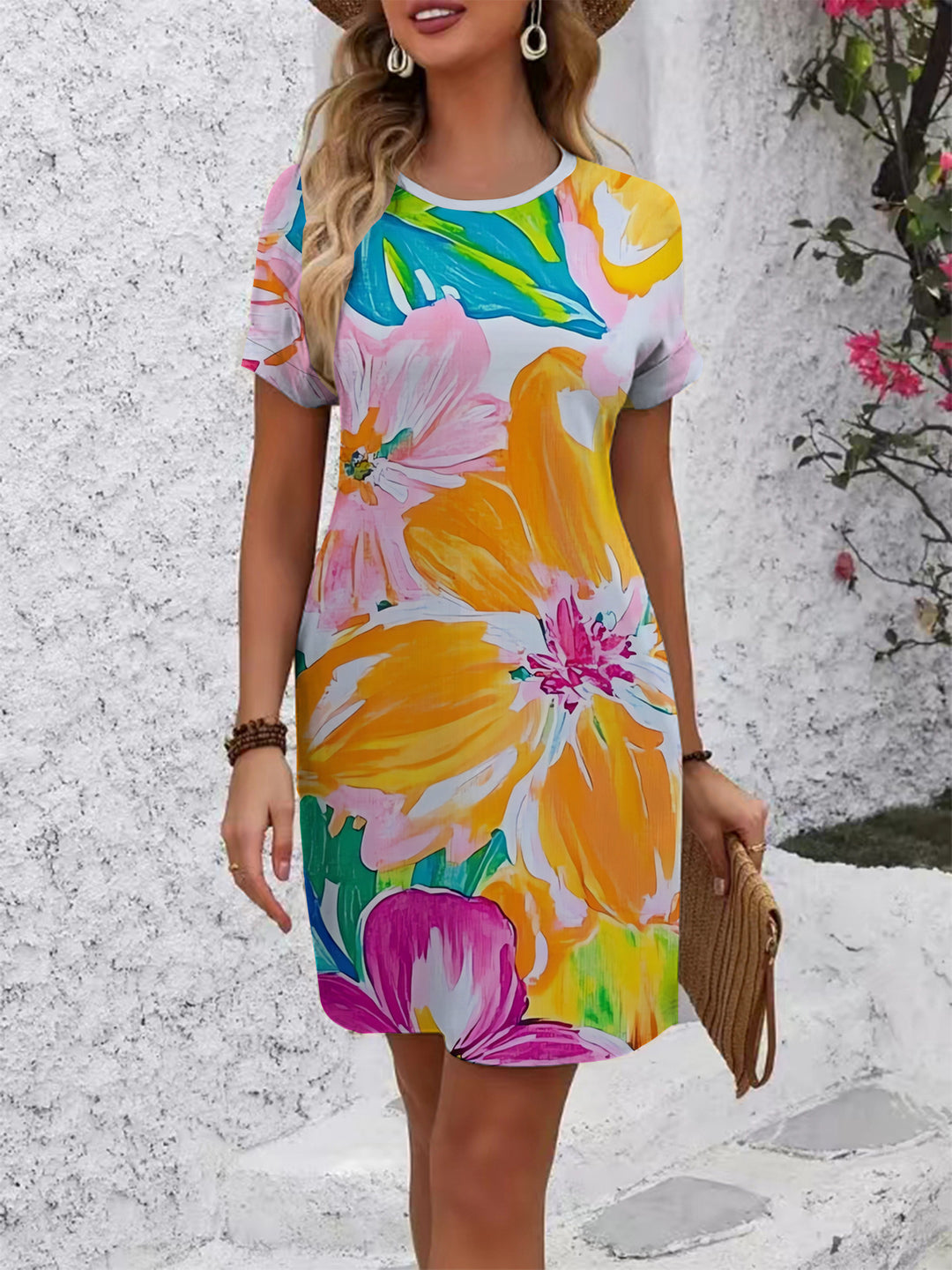 Damen lässiges T-Shirt Kleid mit buntem Blumenmuster und bequemem Schnitt Echo Archiv