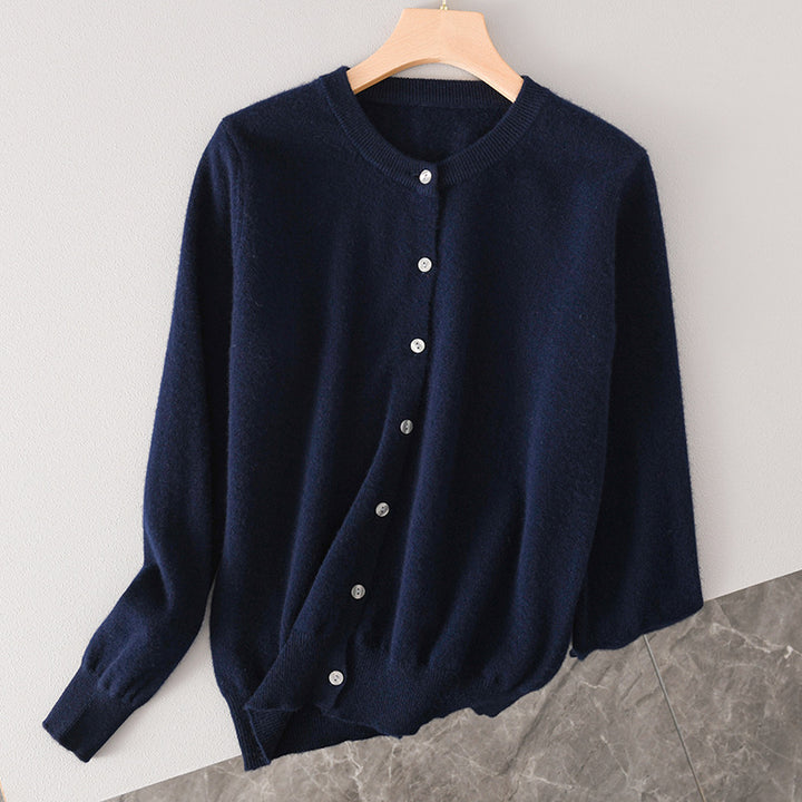 Damen Leichter Rundhals-Knopfcardigan in Kaschmiroptik mit feiner Rippkante und lässiger Silhouette Echoarchiv