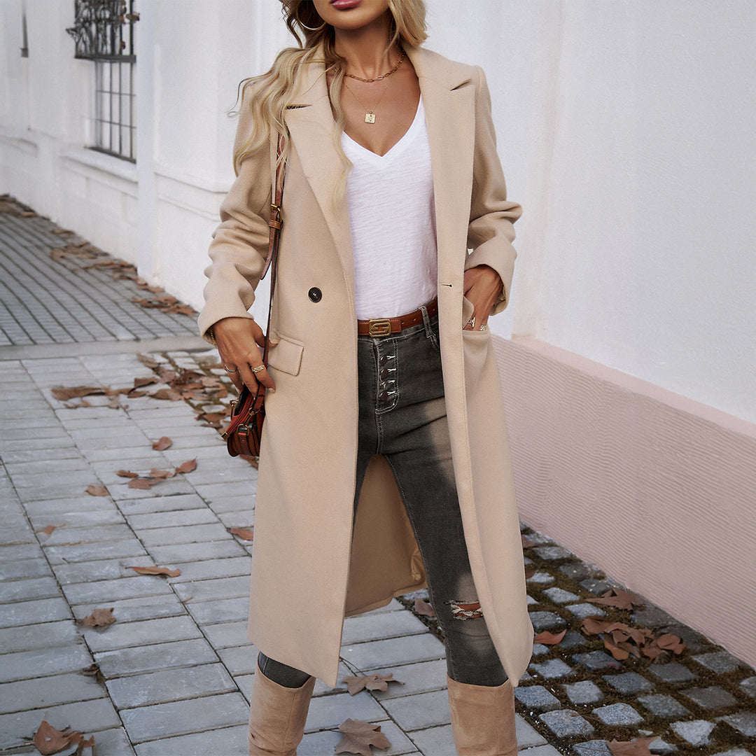 Damen eleganter Wollmix-Langmantel mit Reverskragen, taillierter Silhouette und verdeckter Knopfleiste – Montévia
