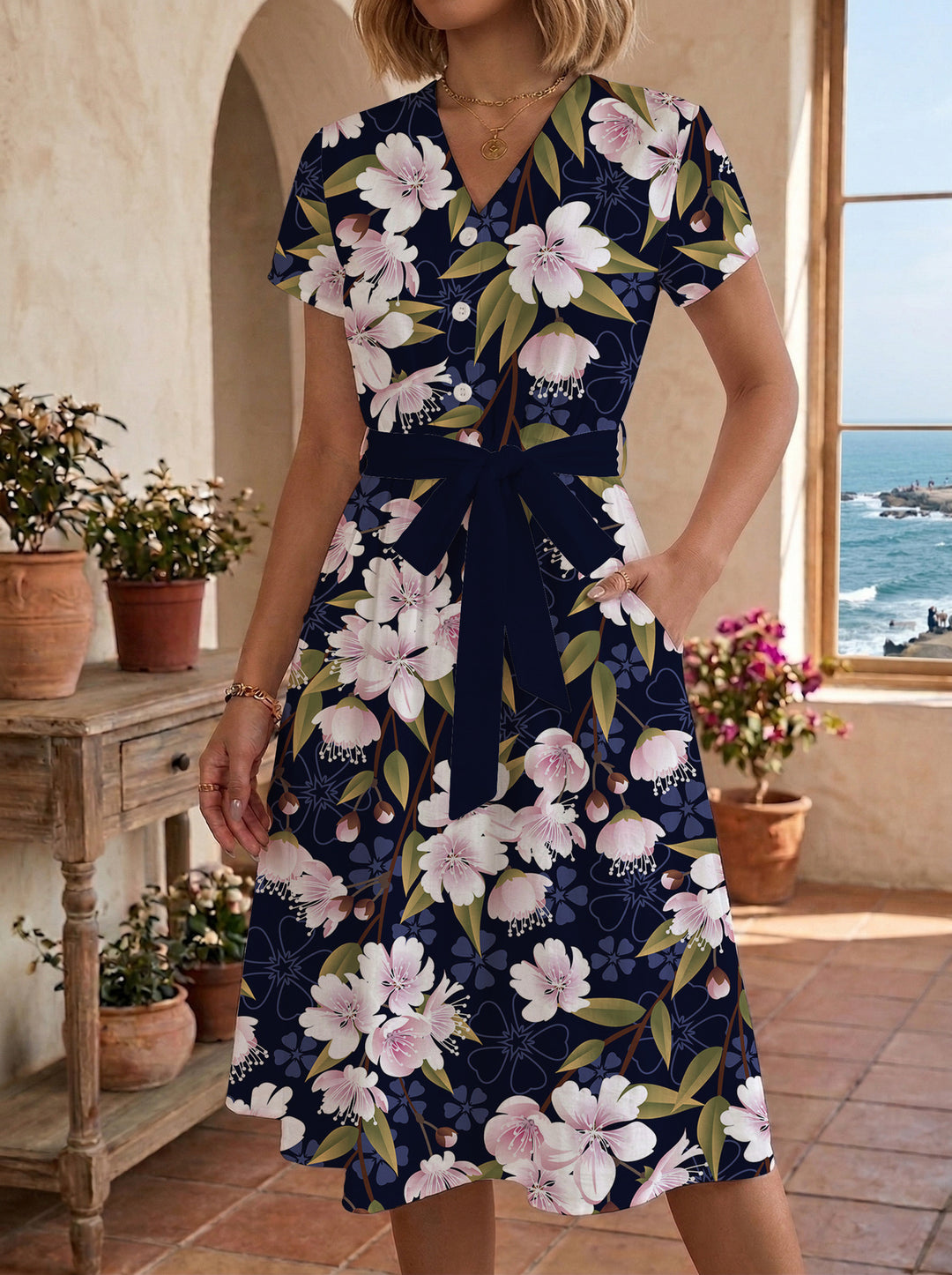 Damen Midikleid mit floralem Muster und Taillengürtel Echo Archiv
