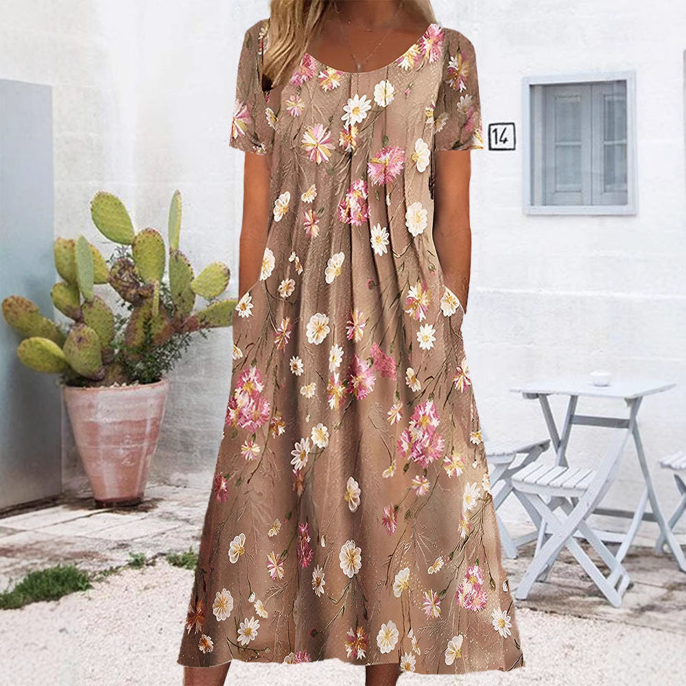 Damen nan Blumenswing-Midikleid mit Rundhalsausschnitt, Eingrifftaschen und strukturierter Crêpe-Qualität Echo Archiv