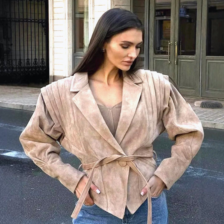 Damen nan taillierter Wildlederoptik Blazer mit Wickelgürtel und gerafften Schultern Echo Archiv