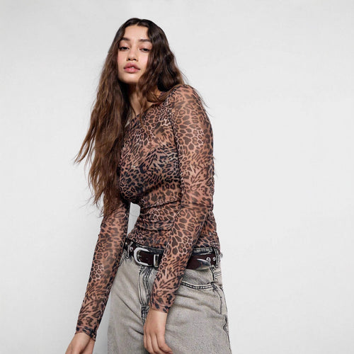 Damen nan figurnahes Netz-Longsleeve mit Leopardenmuster und seitlicher Raffung Echo Archiv