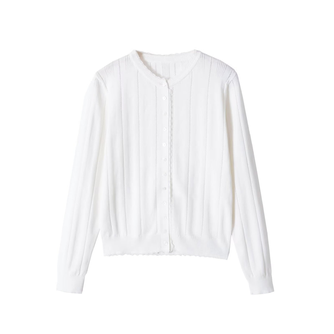 Damen Leichte Feinstrick-Cardigan mit Knopfleiste, Spitzenkante und Rippstruktur Echo Archiv
