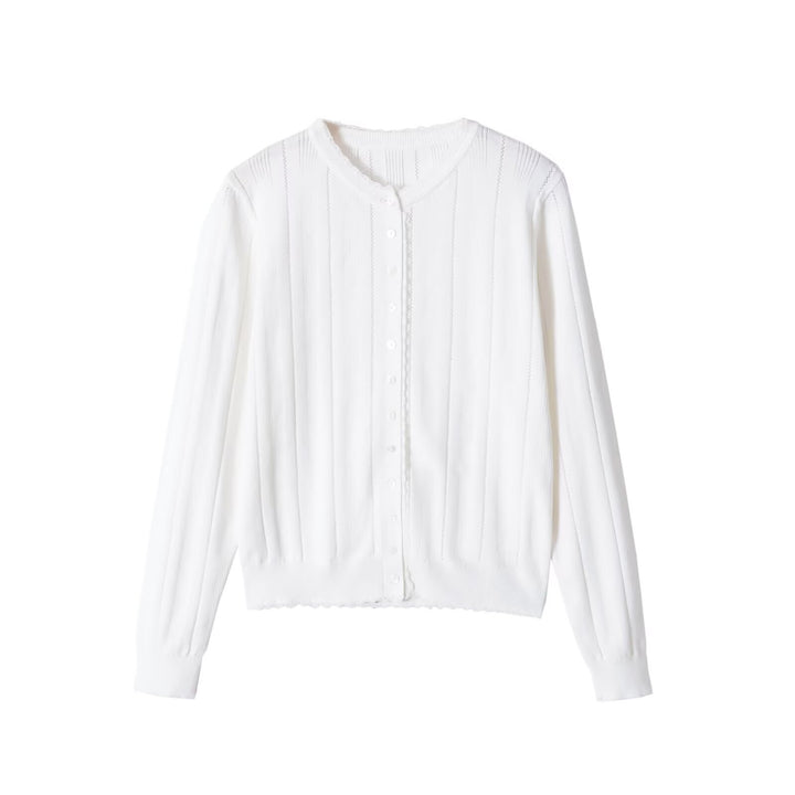 Damen Leichte Feinstrick-Cardigan mit Knopfleiste, Spitzenkante und Rippstruktur Echo Archiv