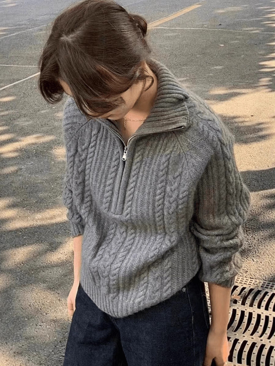 Damen Zopfstrick-Polokragenpullover mit Halbreißverschluss und weichem Mohair-Look Echoarchiv