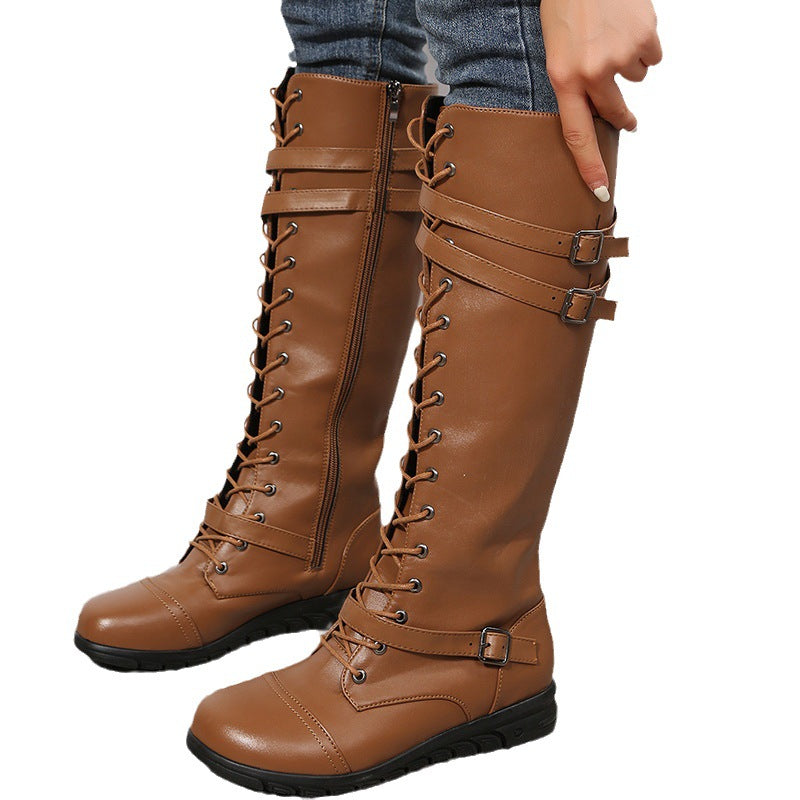 Damen Kniehohe Schnürstiefel im Military‑Look mit Doppelriemen und seitlichem Reißverschluss – Lioré