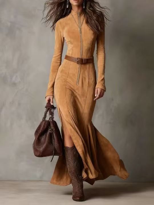 Damen Figurbetontes Midikleid aus Velourslederimitat mit Stehkragen und Zentralem Reißverschluss Echo Archiv