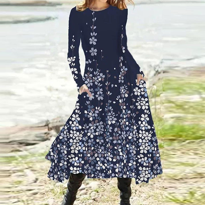 Damen nan fließendes Maxikleid mit Batikkreis-Muster, Rundhalsausschnitt, Taillennaht und Eingrifftaschen Echo Archiv