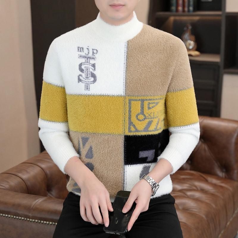 Herren Gemusterter Rollkragenpullover aus flauschigem Bouclé‑Mix mit Patch‑Intarsien Echoarchiv