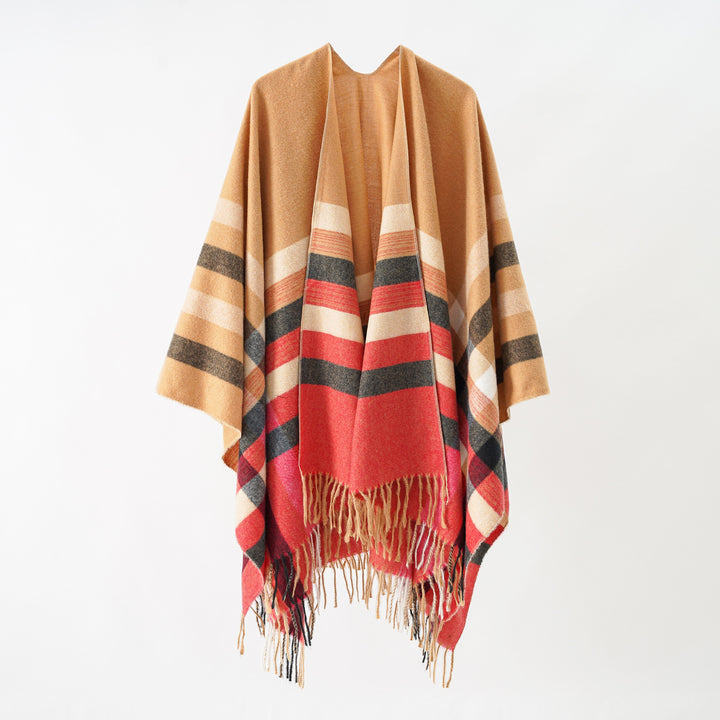 Damen Grobgewebte Cape‑Ruana im Oversize mit verlaufendem Karomuster und Fransensaum Echo Archiv