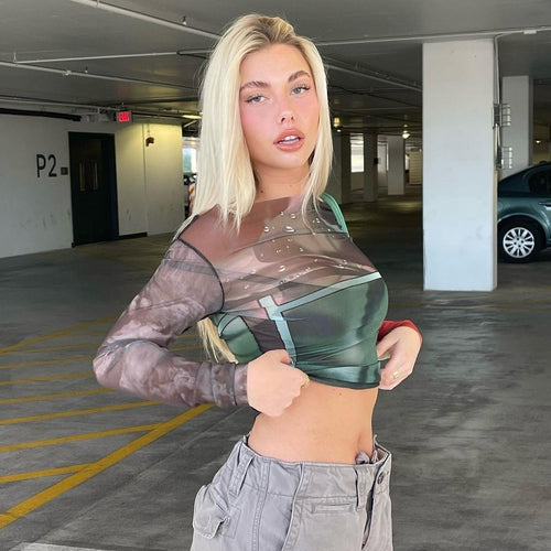 Damen Langarm Crop-Top mit transparenten Akzenten und grafischem Design Echo Archiv