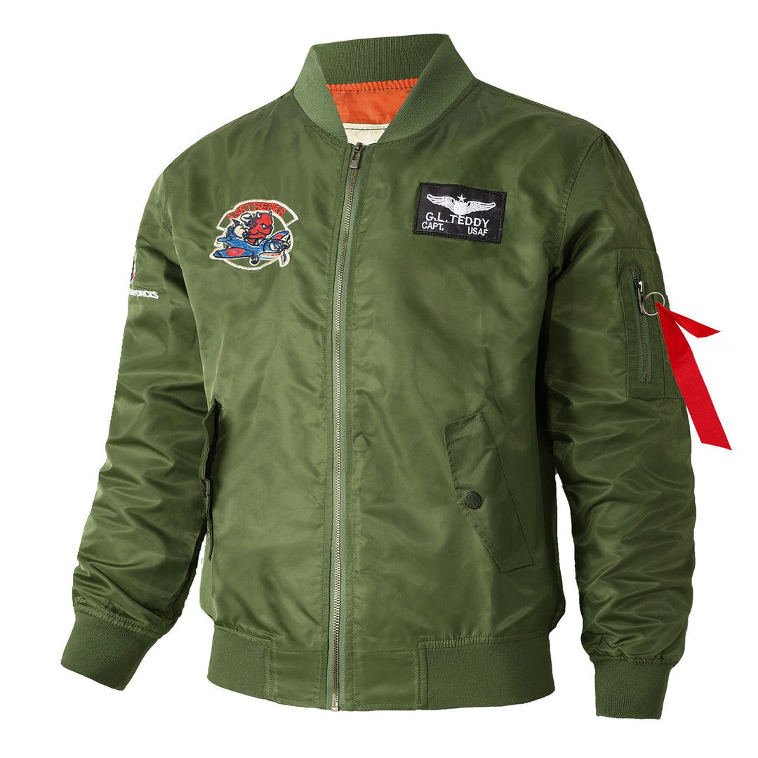 Men's retro pilot-inspired flight jacket with embroidered crest, sleeve zipper utility pocket and contrast quilted lining – Brevano