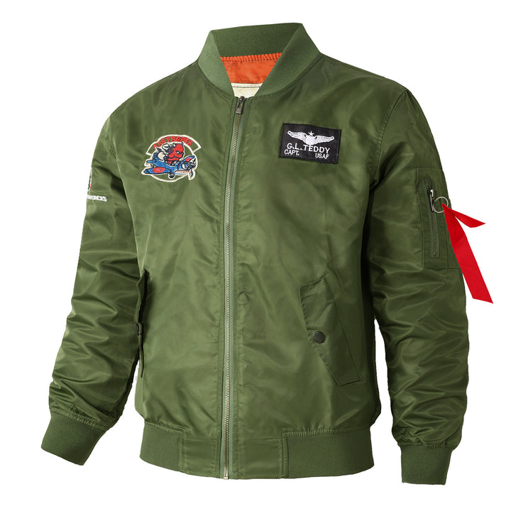 Men's retro pilot-inspired flight jacket with embroidered crest, sleeve zipper utility pocket and contrast quilted lining – Brevano