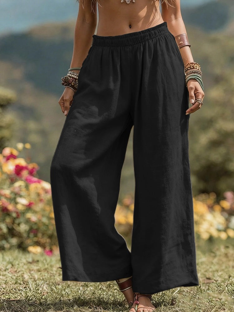 Damen Weite Leinenoptik Palazzo‑Hose mit elastischem Bund und Taschen Echoarchiv
