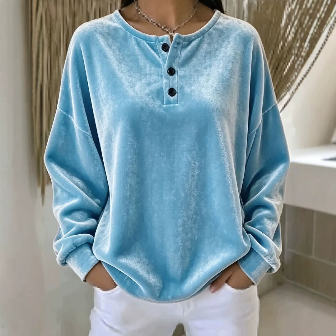 Damen Lässiges Oversize Samt-Henleyshirt mit Knopfleiste Echoarchiv