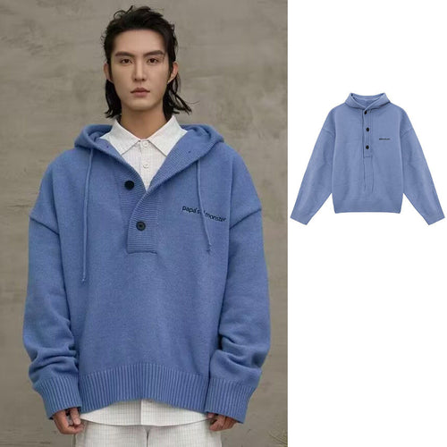 Herren Oversized Strickpullover mit Kapuze und Knopfleiste Echoarchiv