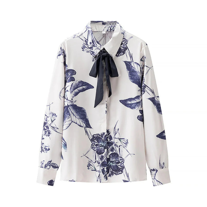 Damen satiniertes Hemd mit Schleifenkragen und floralem Print – Élovi
