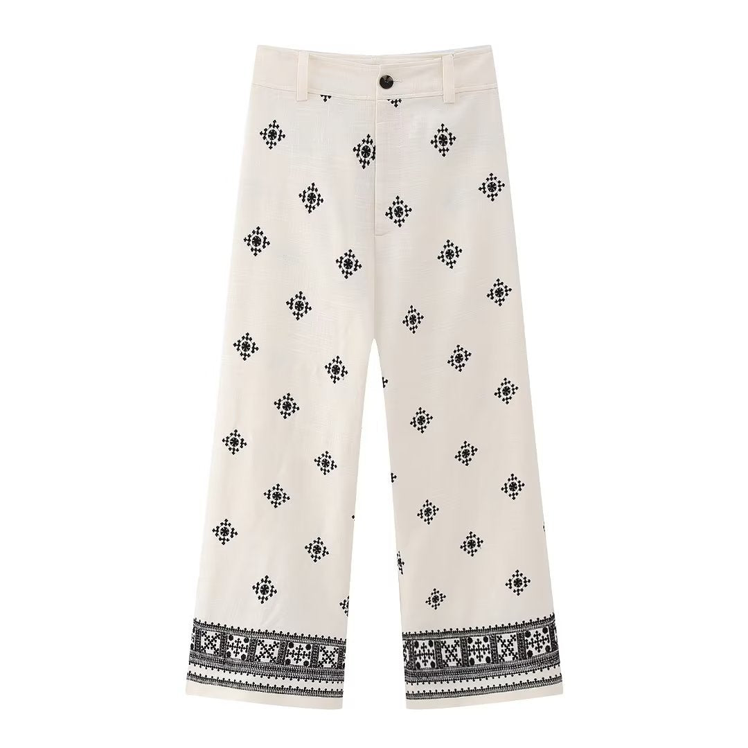 Damen Bestickte Culotte-Hose mit weitem Bein und Bordürenprint Echoarchiv