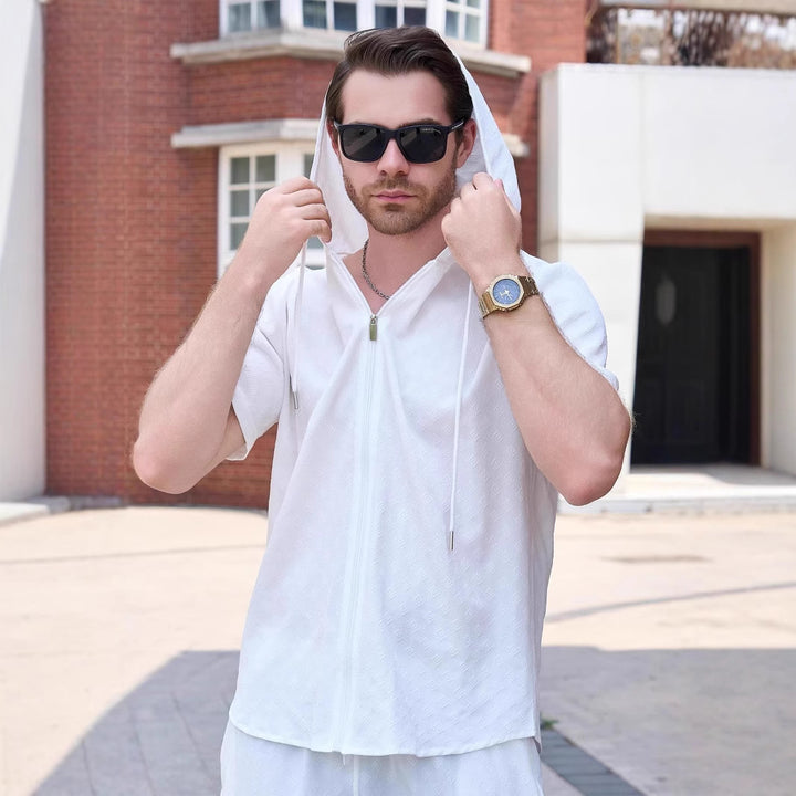 Herren Atmungsaktives Hoodie-Shirt mit kurzem Arm und durchgehendem Reißverschluss Echoarchiv