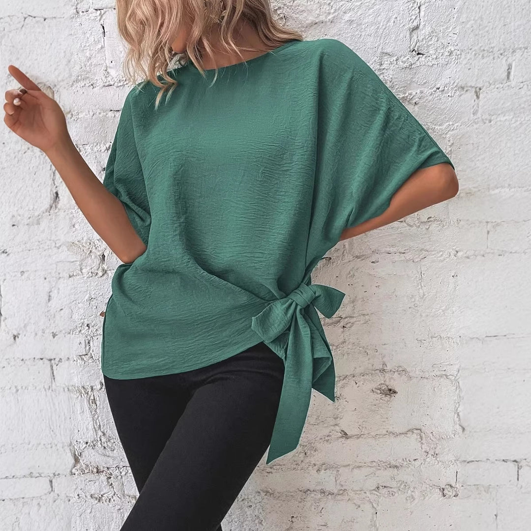 Damen Oversize Kurzarm-Top mit seitlicher Schleife und Crinkle-Struktur Echo Archiv