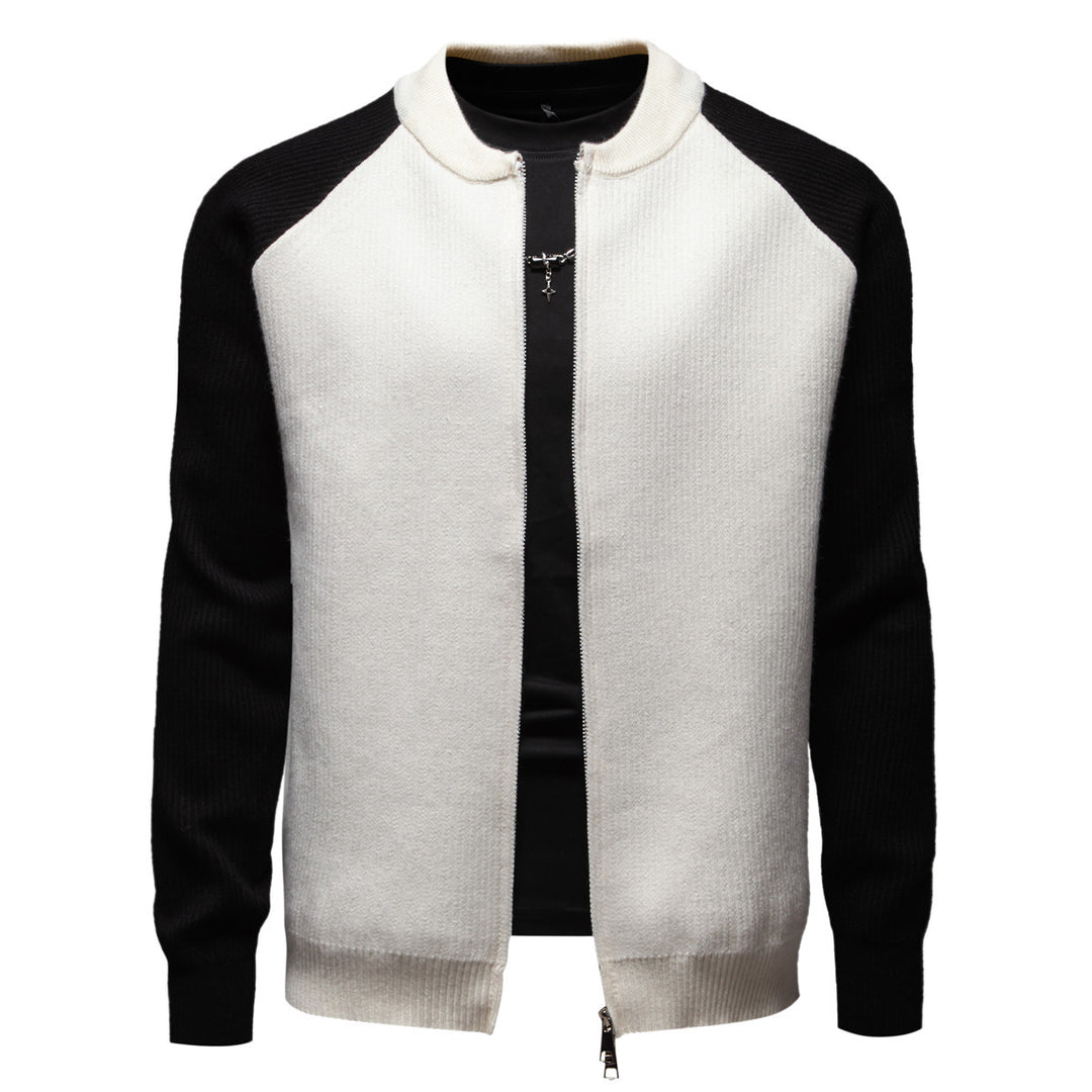 Herren modische Strickjacke mit durchgehendem Reißverschluss und kontrastierenden Ärmelstrukturen Echoarchiv
