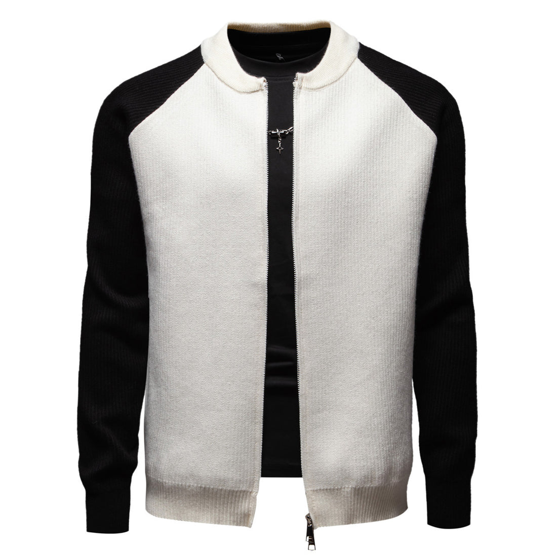 Herren modische Strickjacke mit durchgehendem Reißverschluss und kontrastierenden Ärmelstrukturen – Terenzo