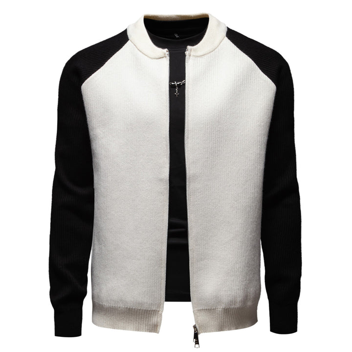 Herren modische Strickjacke mit durchgehendem Reißverschluss und kontrastierenden Ärmelstrukturen Echoarchiv