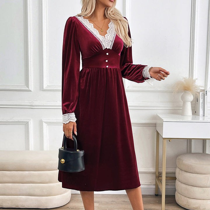 Damen Samt-Midikleid mit Spitzendekor, V Ausschnitt und taillierter Empire Silhouette Echoarchiv