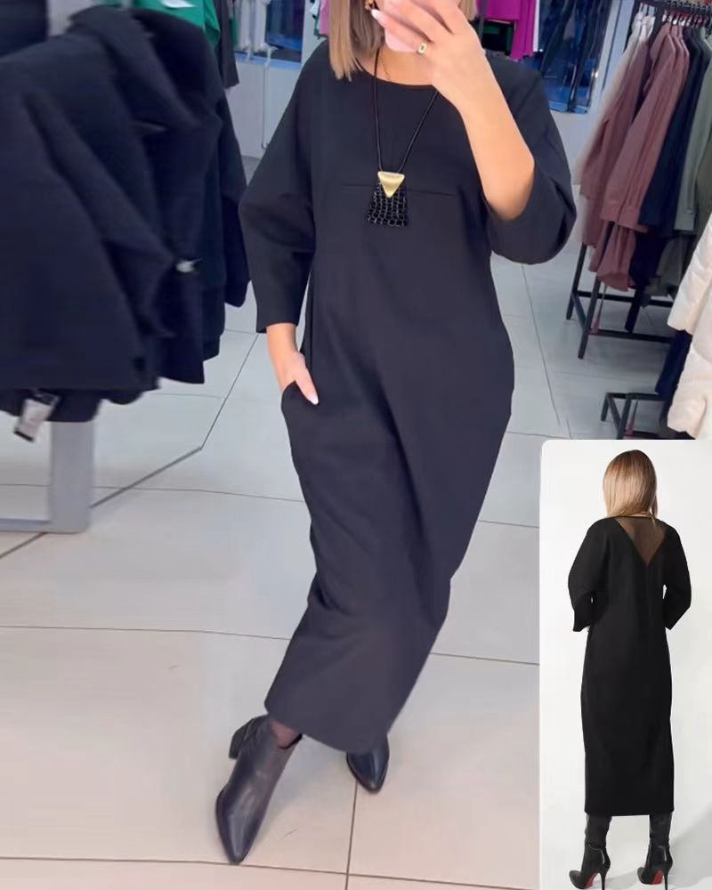 Damen nan gerades Maxikleid mit knöchellanger Silhouette, halblangen Ärmeln, Seitentaschen und transparentem V-Rücken Echo Archiv