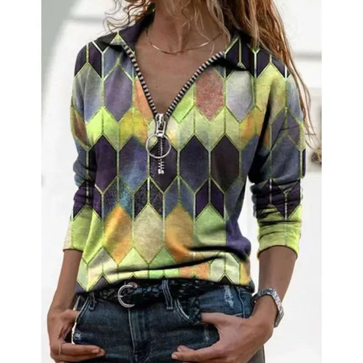 Damen Zip-Pullover mit Polokragen, grafischem Rautenprint und schmaler Passform Echo Archiv