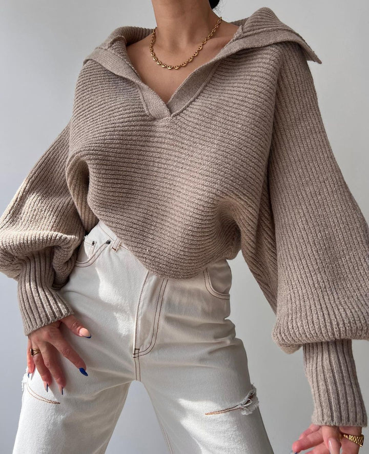 Damen Oversize Rippsweater mit Reverskragen und tiefem V‑Ausschnitt Echoarchiv