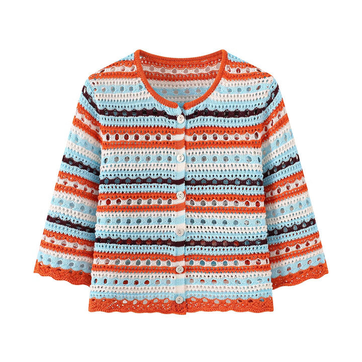 Damen Häkel-Cardigan mit Lochmuster, gestreifter Struktur und Dreiviertelärmeln Echoarchiv