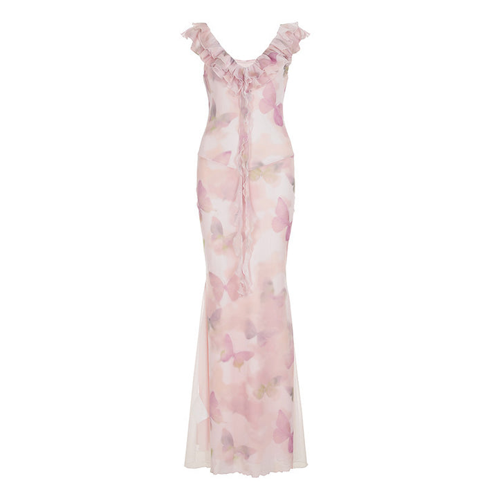 Damen Maxikleid aus transparentem Chiffon mit Rüschendetails und floralem Design Echo Archiv