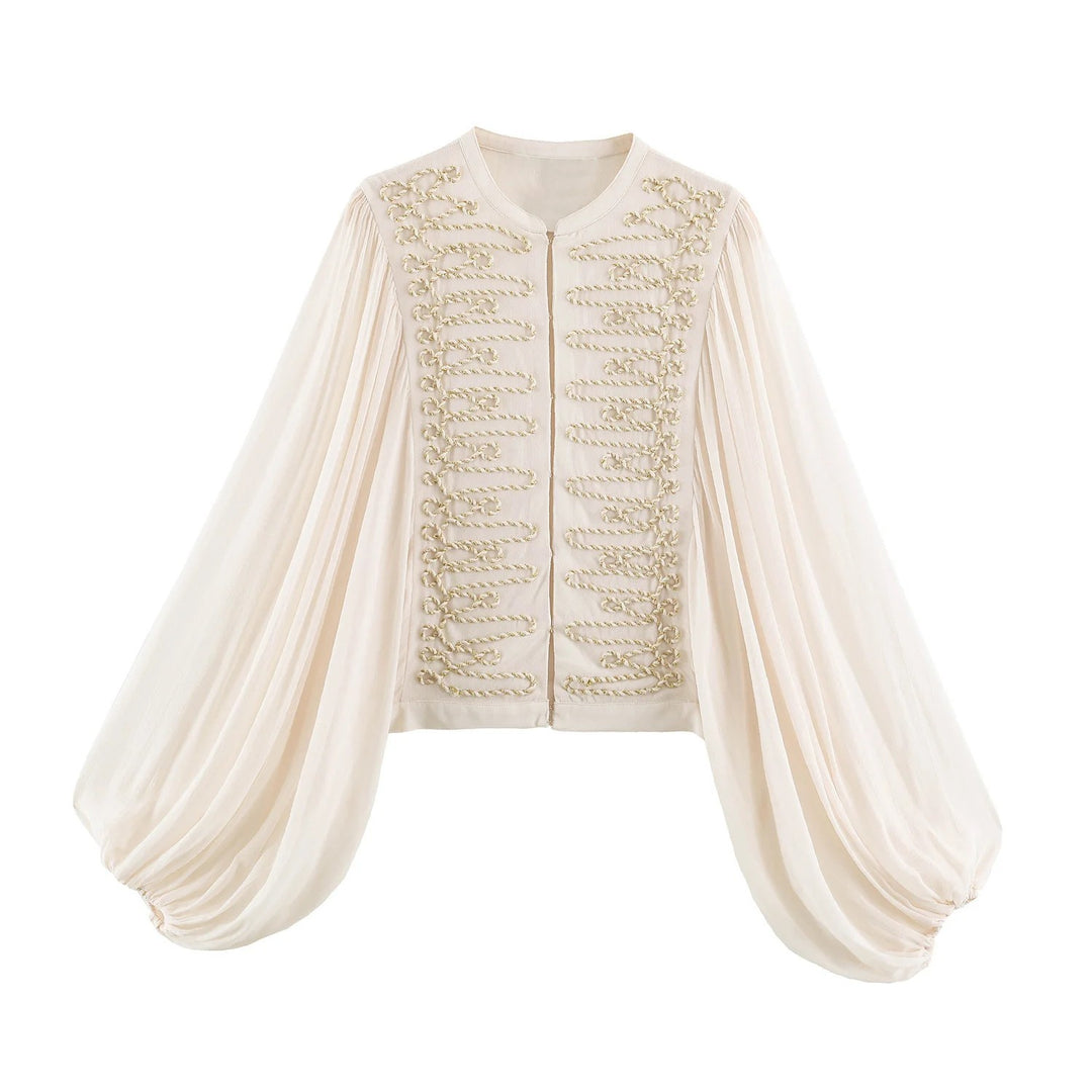 Damen Kurze Bluse‑Jacke mit dekorativer Kordelverzierung und voluminösen Plisseeärmeln Echo Archiv