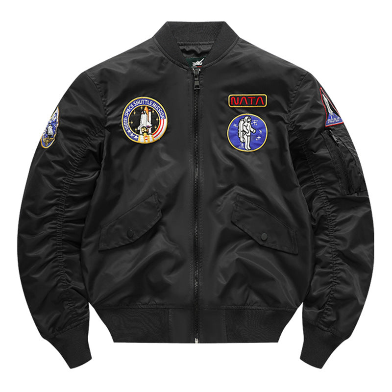 Men's retro space-mission nylon flight jacket with insulated lining and sleeve zipper pocket – Brevano