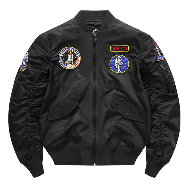 Men's retro space-mission nylon flight jacket with insulated lining and sleeve zipper pocket – Brevano