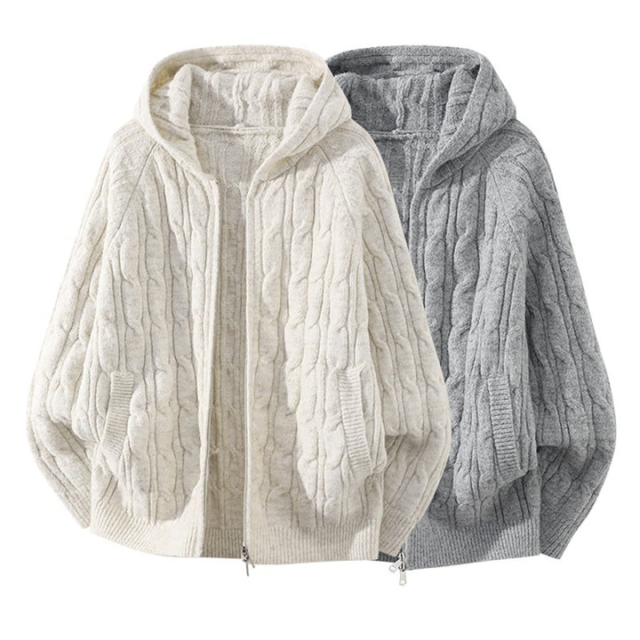 Damen Oversize Zopfstrick-Kapuzencardigan mit durchgehendem Reißverschluss und Ballonärmeln Echoarchiv