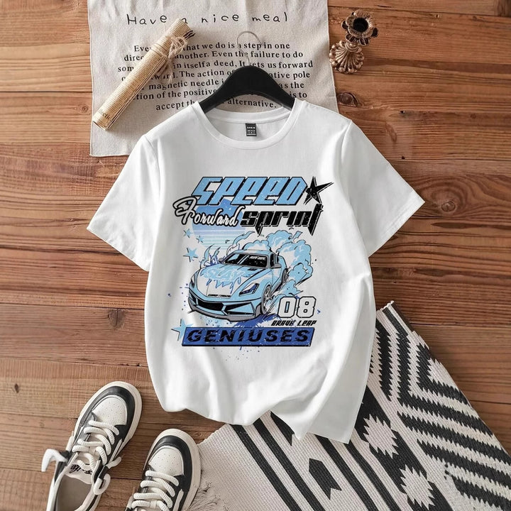Damen T-Shirt mit kreativem Auto-Motiv und urbanem Schriftzug Echo Archiv